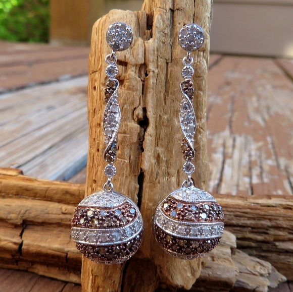 SOLD925 Genuine White & Champagne Diamond Earrings - Picture 2 of 8